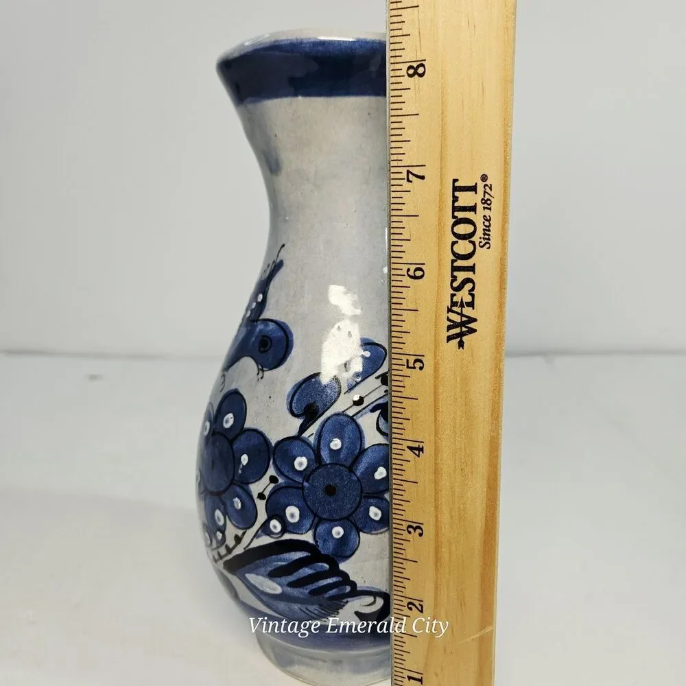 Vtg Tonalá Mexico Pottery Vase Signed AJM Hand-Painted Blue Bird Folk Art